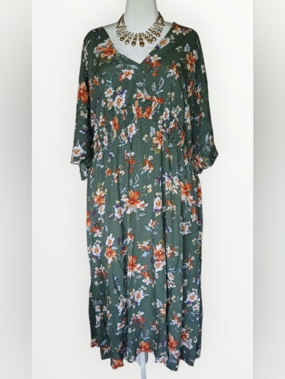 BloomChic Floral Boho Empire Waist Dress, Olive Green, Size 30/6X